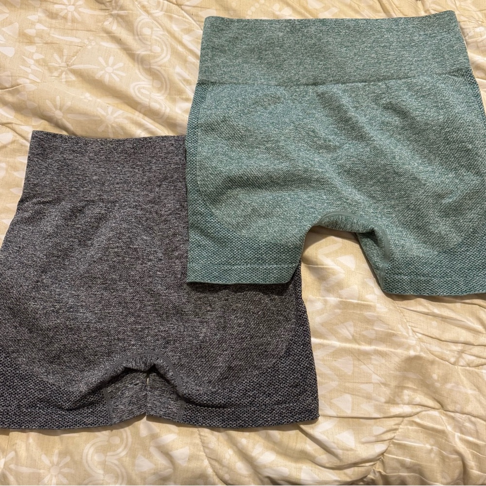 Gray and Green High-Waisted Biker Shorts